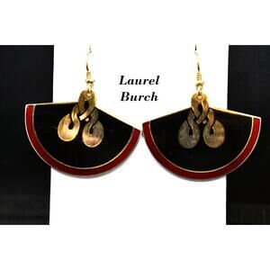 Laurel Burch Gold Fan Earrings, Cloisonné Enamel Black Red Love Knot Vintage
